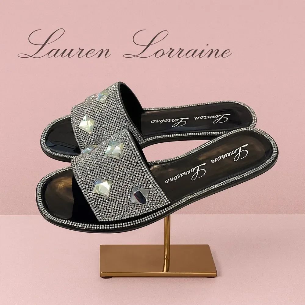 New Lauren Lorraine Black Rhinestone Slide Sandals 7.5